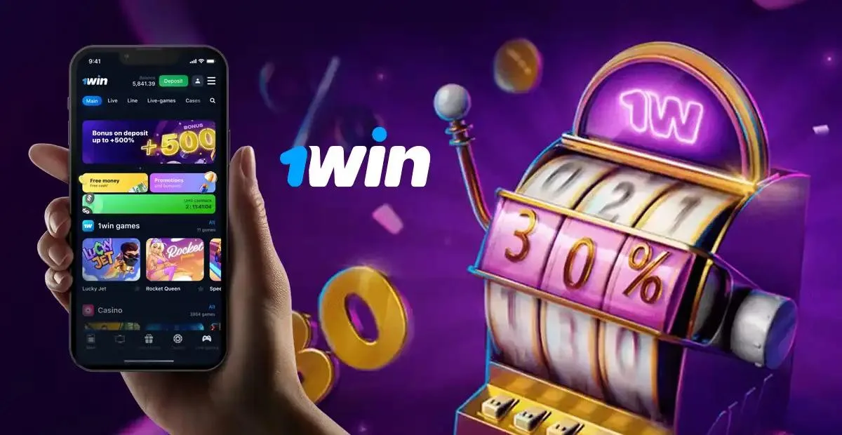 1win app interface and slot machine showing 30% bonus, Betsson casino and sportsbook gaming platform