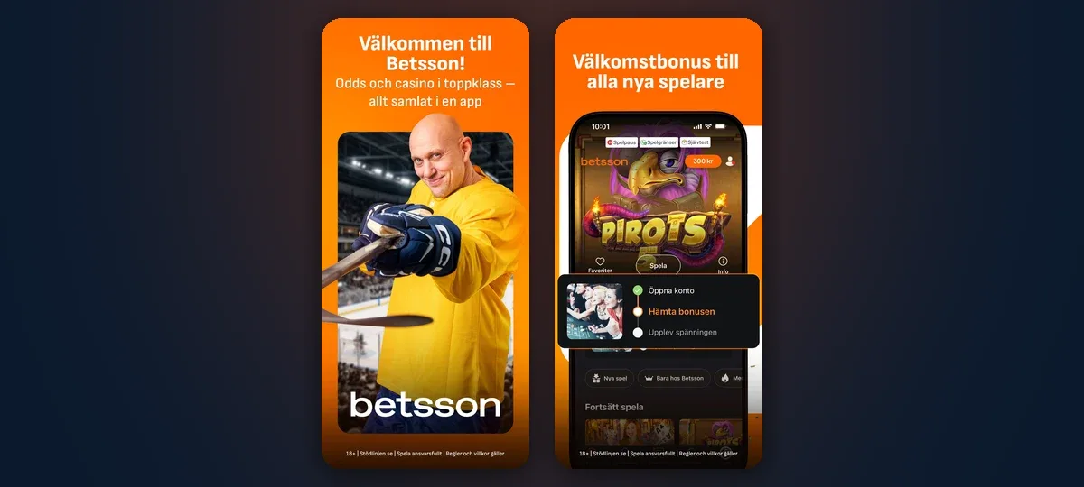 Betsson app welcome and account creation screens