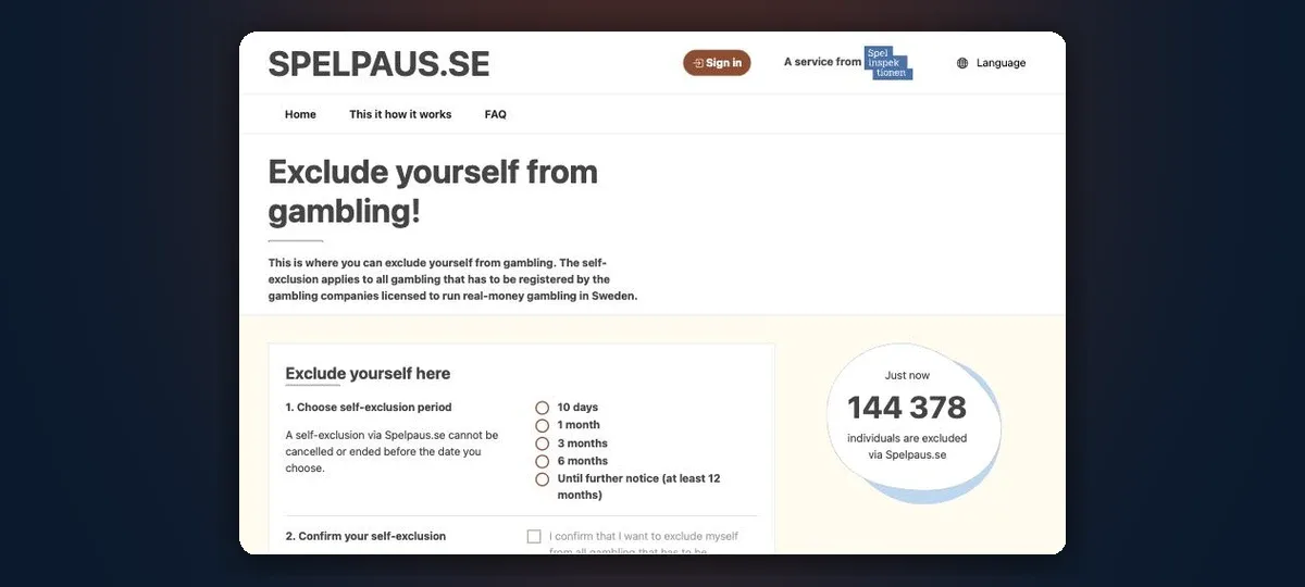 Spelpaus.se: choose a self-exclusion period from 10 days to until further notice