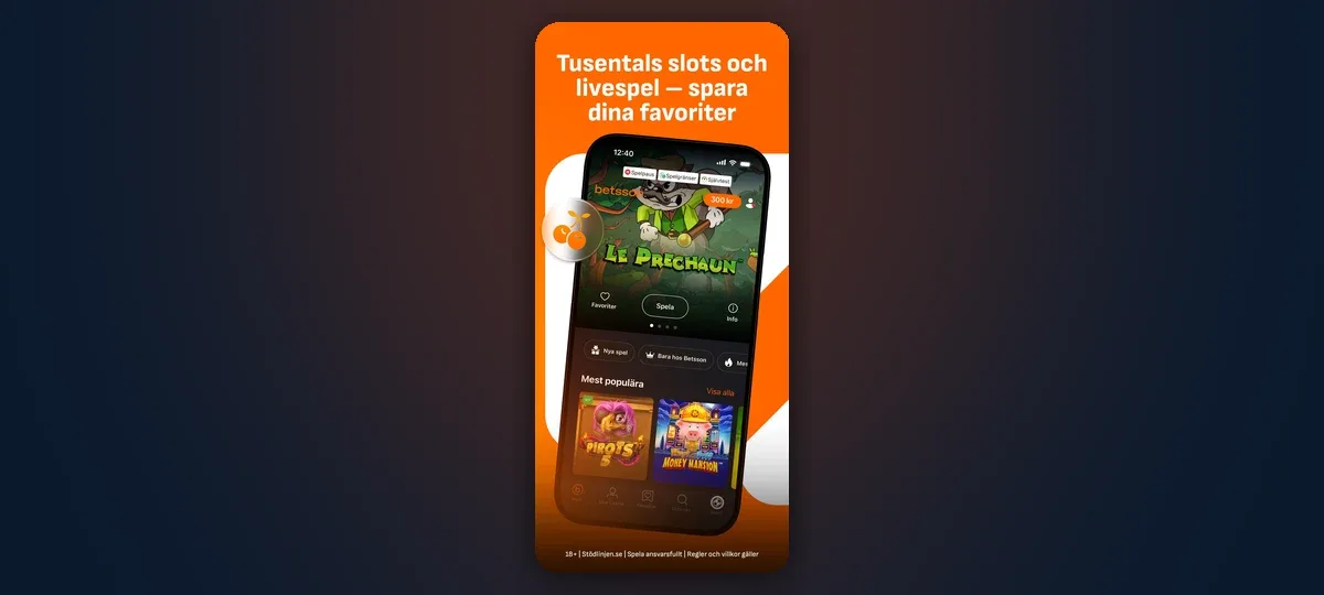 Betsson app slots lobby with favourites