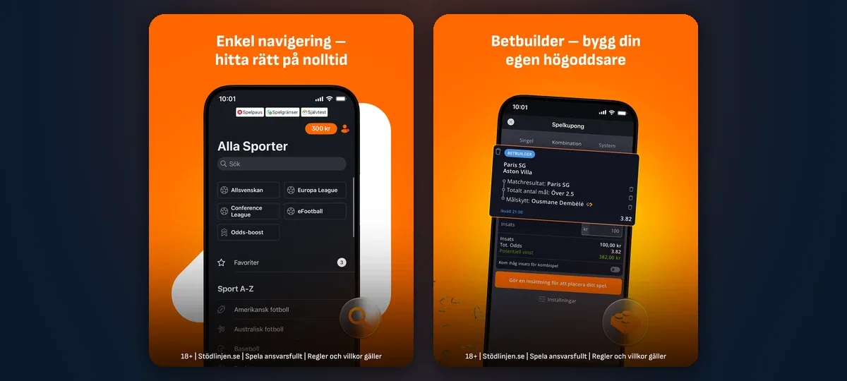 Betsson app on tablet: sports navigation and Betbuilder